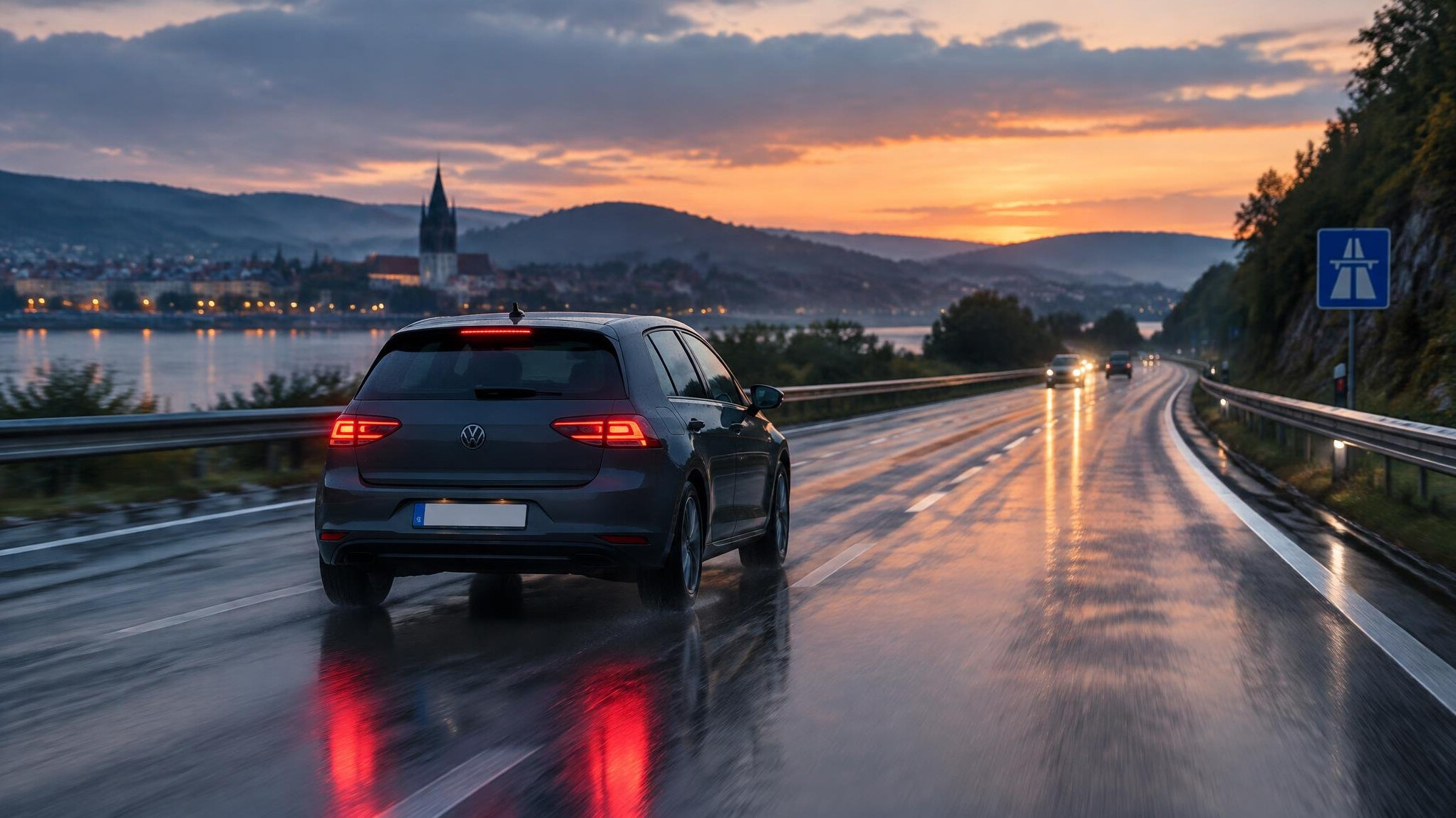 Car driving carefully on a wet highway at dusk